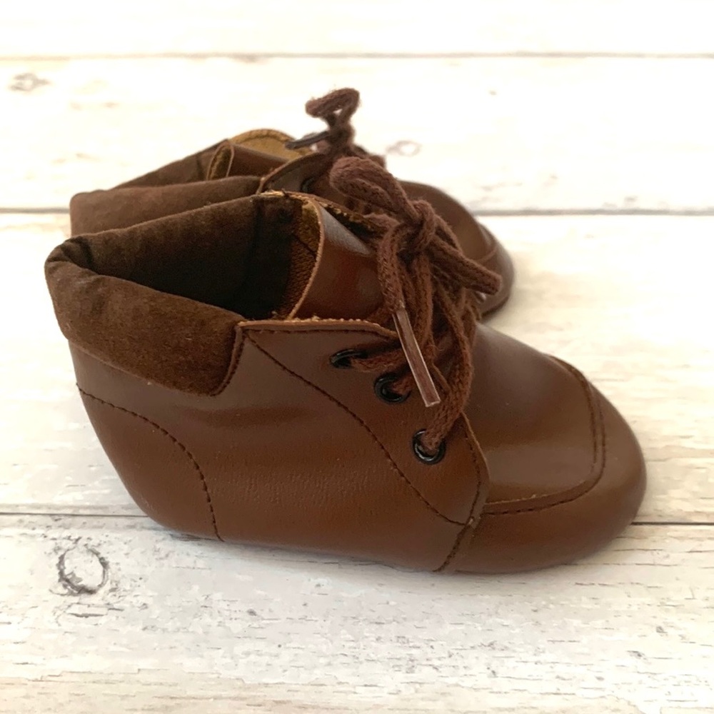 Vintage Leather Baby Bootie Soft Sole Shoes Brown Lace Tie Size 1 NB Newborn